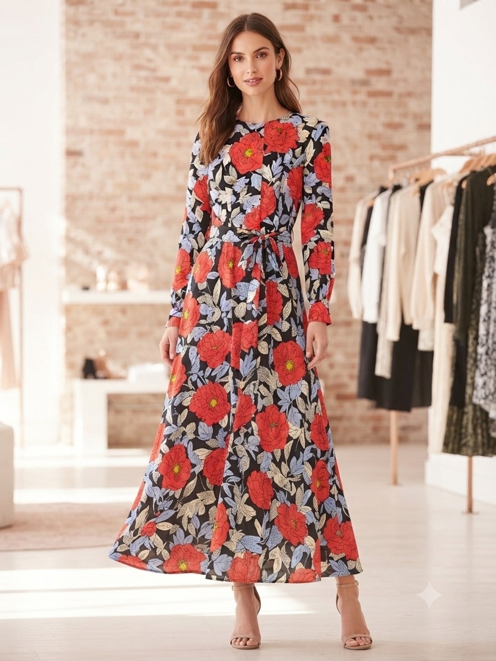 NWT Diane von Furstenberg Black Red Floral Silk Waist Tie Maxi Dress Size 0